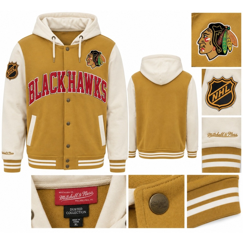 Mitchell & Ness Fleece Hoodie Mens 2XL Gold Like New Blackhawks Dusted Jacket